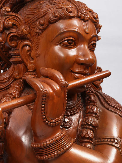 55" Masterpiece of Venugopala with Cow (Lord Krishna Playing Flute) | Teakwood Statue fot Temple