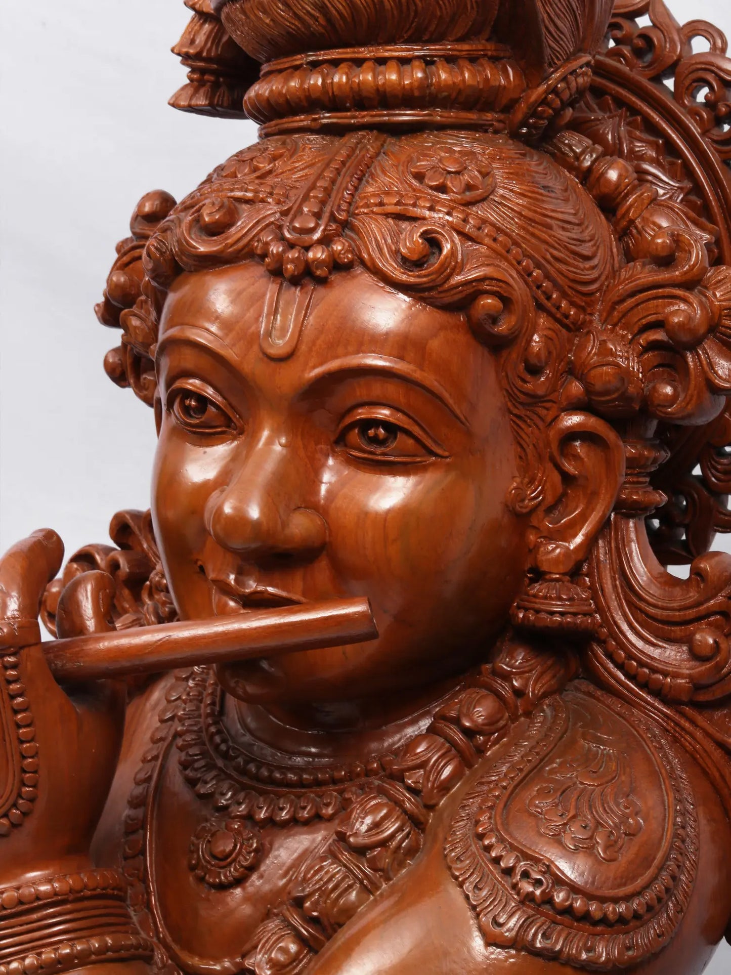 55" Masterpiece of Venugopala with Cow (Lord Krishna Playing Flute) | Teakwood Statue fot Temple