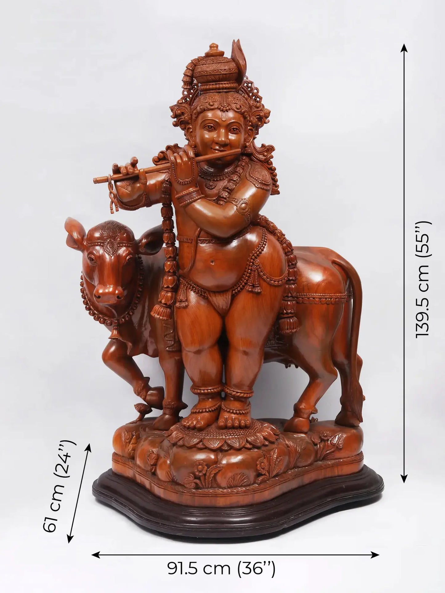 55" Masterpiece of Venugopala with Cow (Lord Krishna Playing Flute) | Teakwood Statue fot Temple