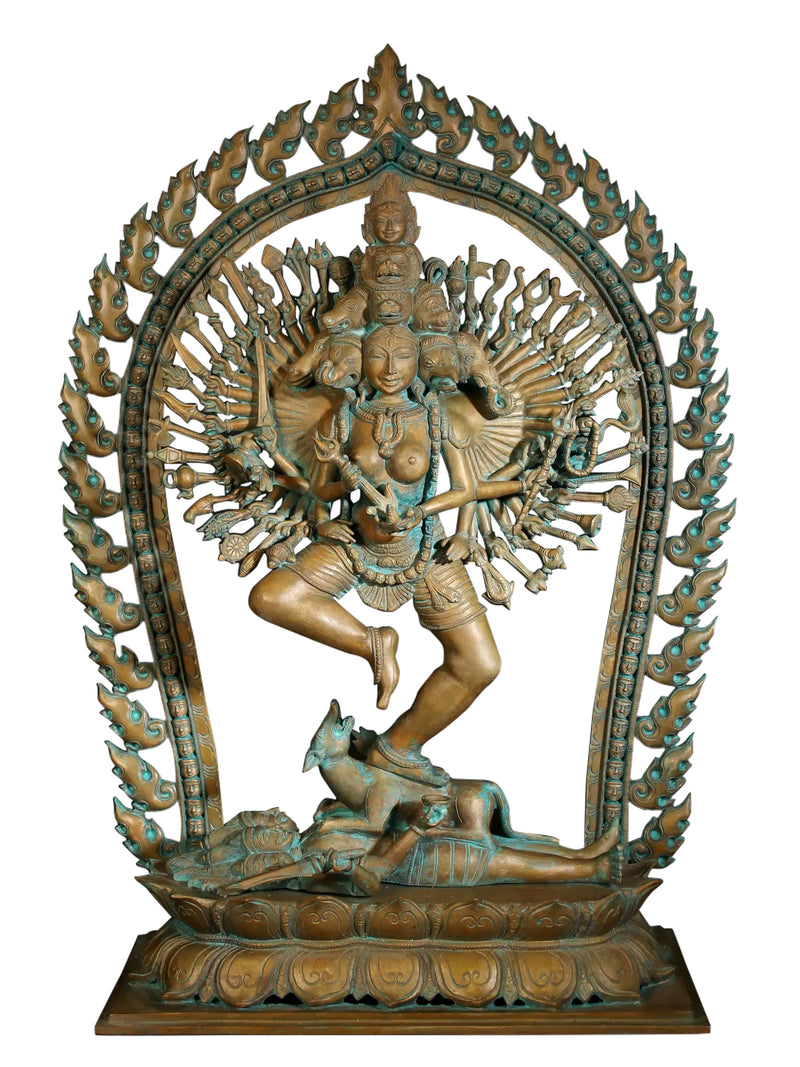 Bronze statue of Maa Kali with a fierce expression and multiple arms