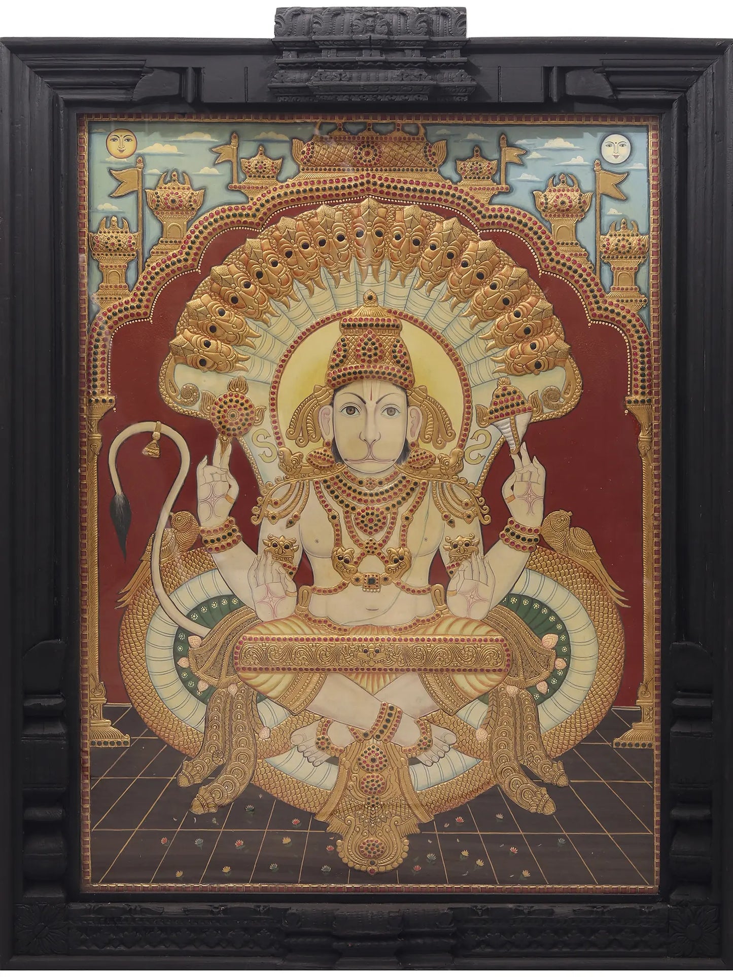 Lord Hanuman with Four Armed | Tanjore Painting with Frame | Traditional Colors with 24 Karat Gold