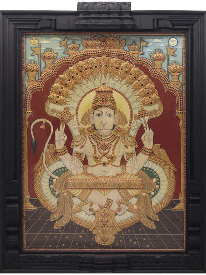 Lord Hanuman with Four Armed | Tanjore Painting with Frame | Traditional Colors with 24 Karat Gold