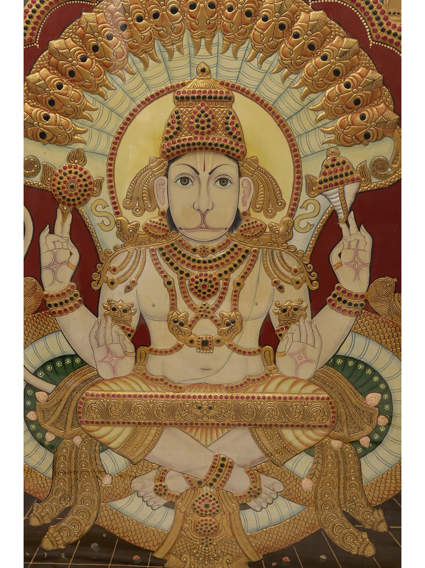 Lord Hanuman with Four Armed | Tanjore Painting with Frame | Traditional Colors with 24 Karat Gold