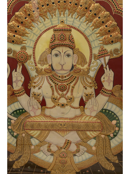 Lord Hanuman with Four Armed | Tanjore Painting with Frame | Traditional Colors with 24 Karat Gold