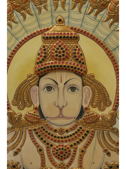 Lord Hanuman with Four Armed | Tanjore Painting with Frame | Traditional Colors with 24 Karat Gold