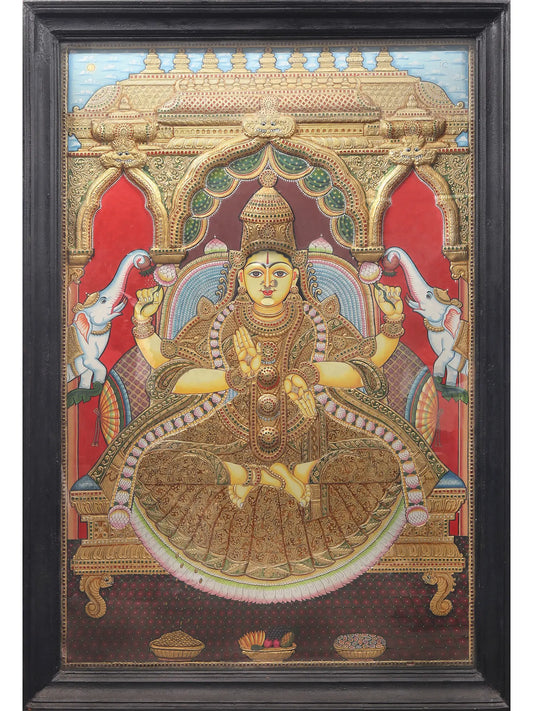 Super Large Tanjore Painting of Goddess Gajalakshmi with Frame | Traditional Colors with 24 Karat Gold