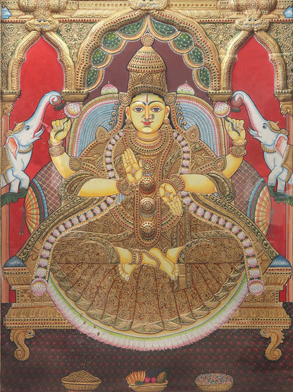 Super Large Tanjore Painting of Goddess Gajalakshmi with Frame | Traditional Colors with 24 Karat Gold