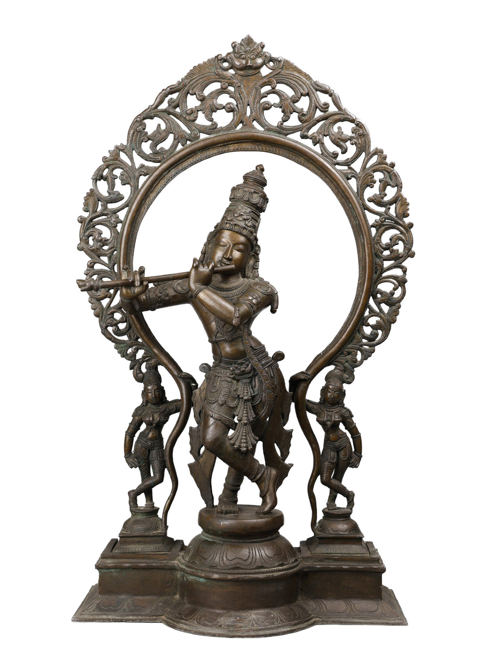 Flute-Playing Krishna with Attendant Figures in Bronze – Swamimalai, Tamil Nadu