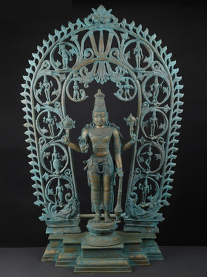 Four-Armed Vishnu with Dashavatara Aureole in Patinated Bronze