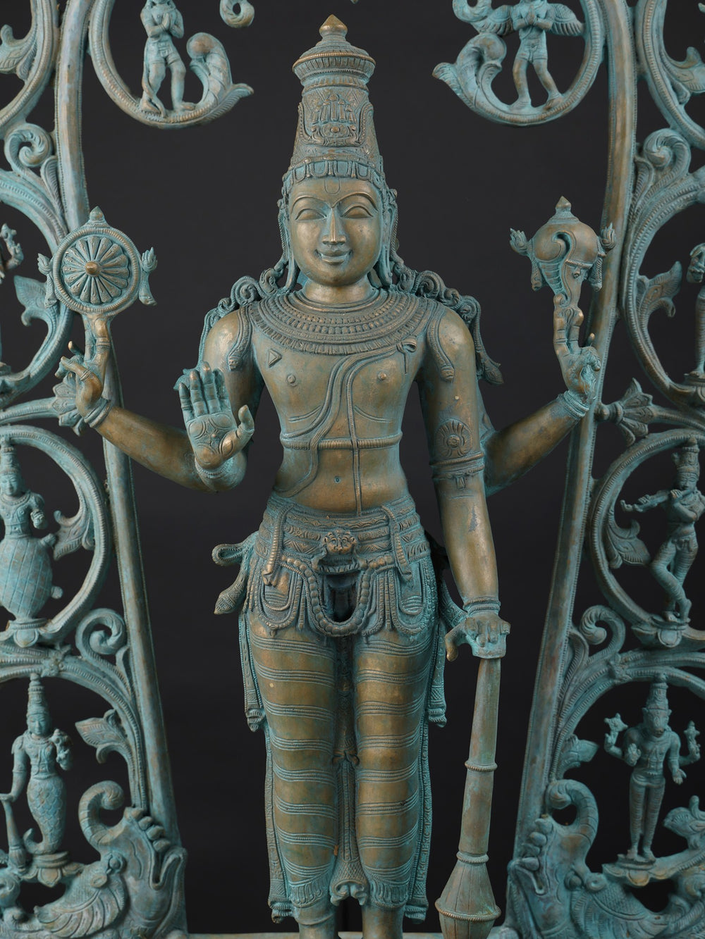 Four-Armed Vishnu with Dashavatara Aureole in Patinated Bronze – Swamimalai, Tamil Nadu