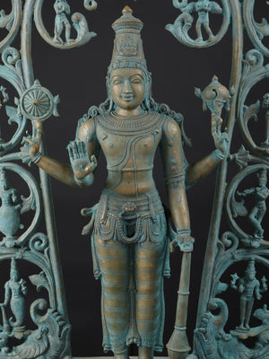 Four-Armed Vishnu with Dashavatara Aureole in Patinated Bronze – Swamimalai, Tamil Nadu