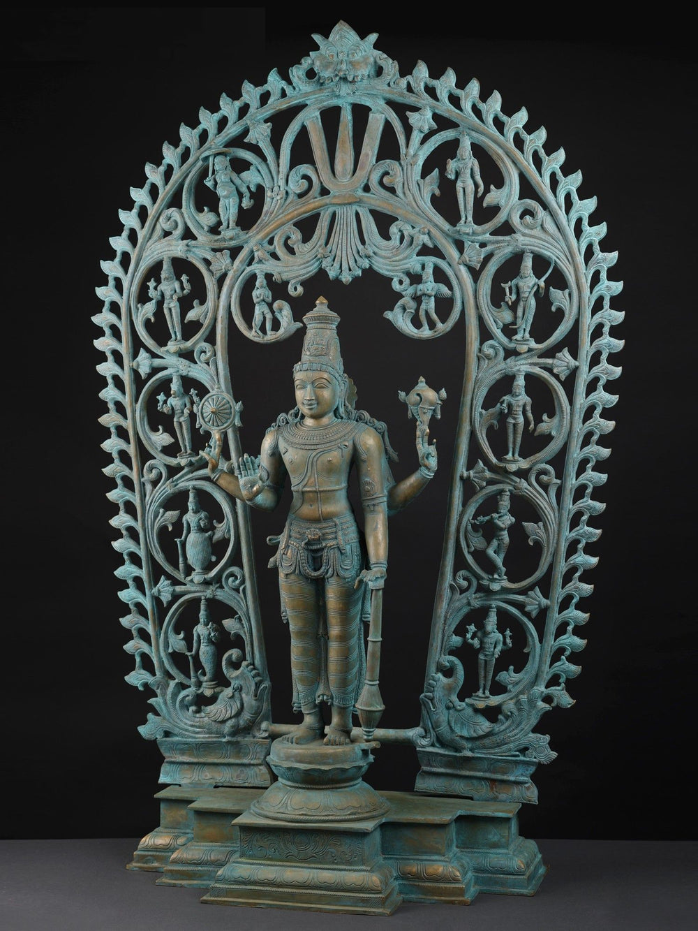 Four-Armed Vishnu with Dashavatara Aureole in Patinated Bronze – Swamimalai, Tamil Nadu