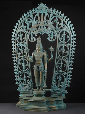 Four-Armed Vishnu with Dashavatara Aureole in Patinated Bronze – Swamimalai, Tamil Nadu