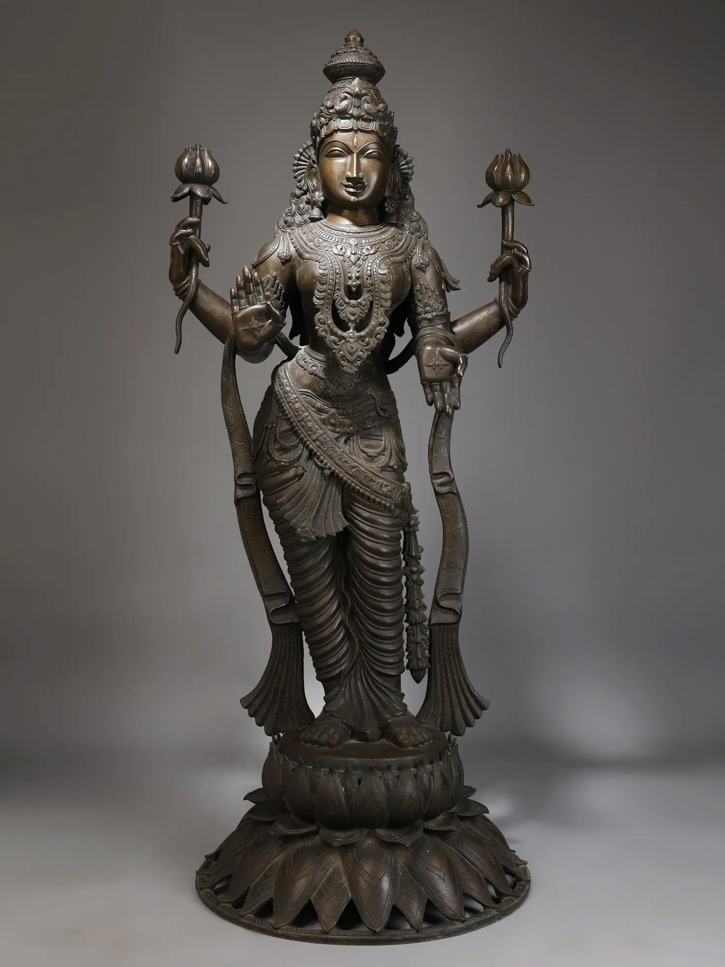 52" Large Superfine Goddess MahaLakshmi Standing on Lotus in Blessing Gesture | Panchaloha Bronze Statue