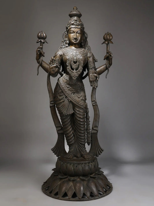 52" Large Superfine Goddess MahaLakshmi Standing on Lotus in Blessing Gesture | Panchaloha Bronze Statue