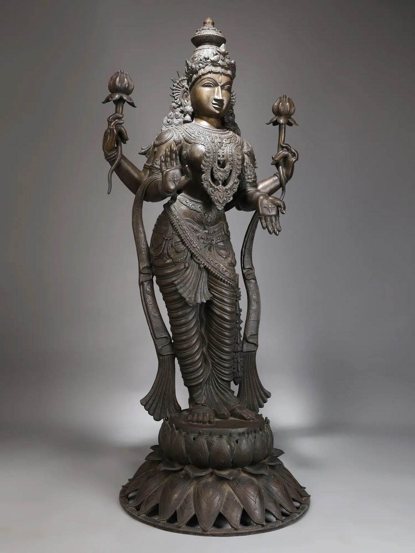 52" Large Superfine Goddess MahaLakshmi Standing on Lotus in Blessing Gesture | Panchaloha Bronze Statue