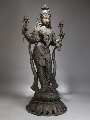Life-Size Chaturbhuja Lakshmi Standing on Lotus in Panchaloha Bronze – Swamimalai, Tamil Nadu
