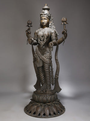 Life-Size Chaturbhuja Lakshmi Standing on Lotus in Panchaloha Bronze – Swamimalai, Tamil Nadu