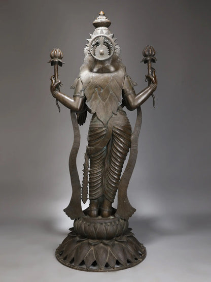 52" Large Superfine Goddess MahaLakshmi Standing on Lotus in Blessing Gesture | Panchaloha Bronze Statue