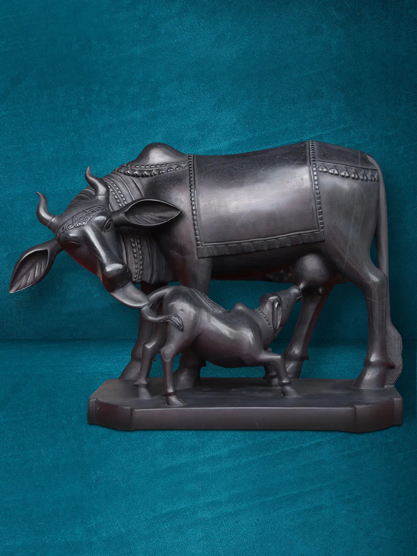 36" The Loving Mother With Calf - Kamdhenu Cow | Black Marble Statue