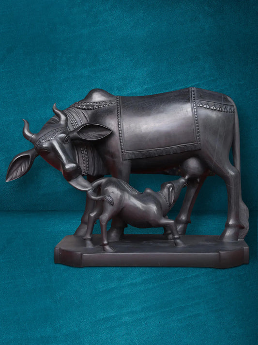 36" The Loving Mother With Calf - Kamdhenu Cow | Black Marble Statue