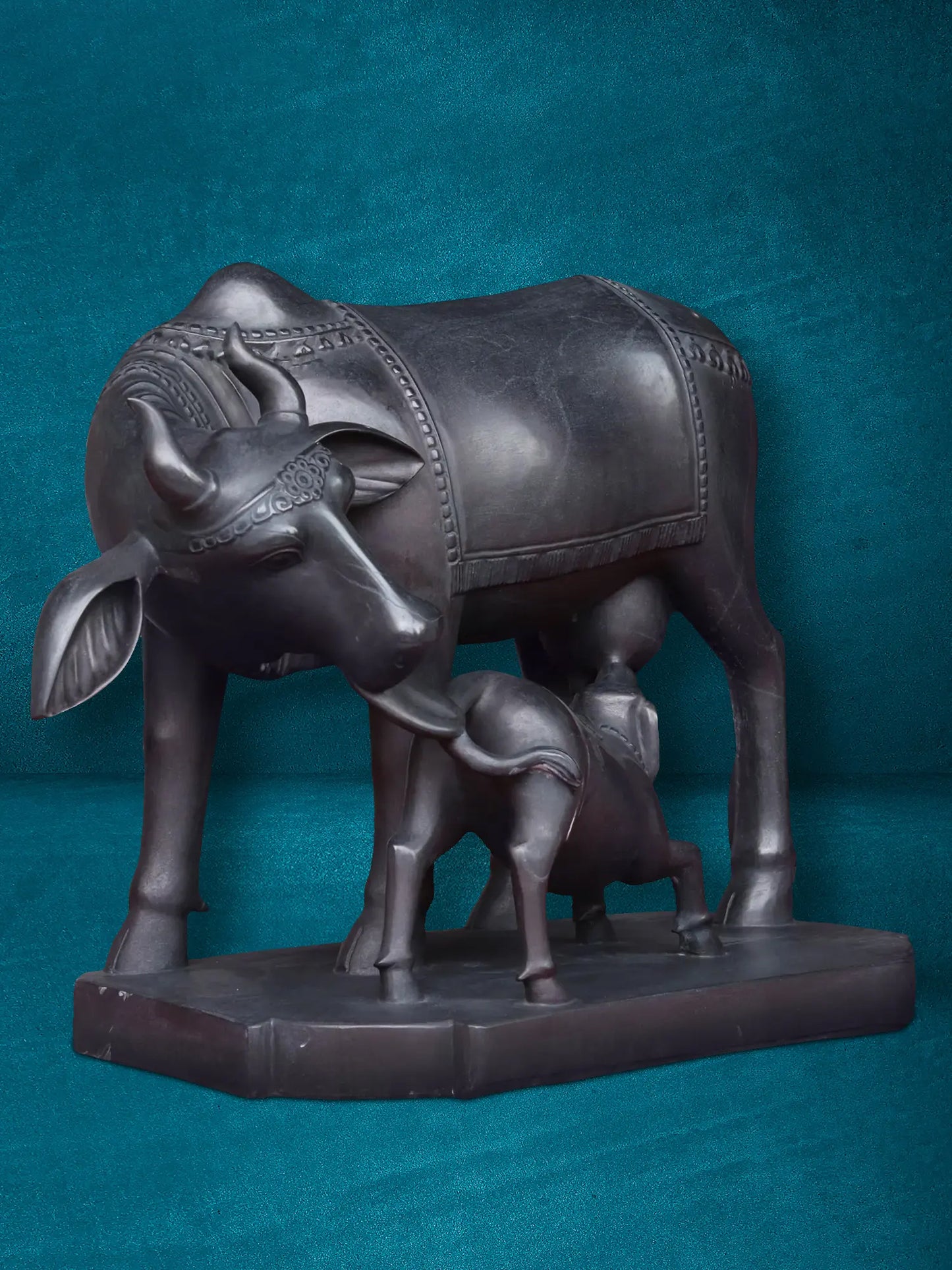 36" The Loving Mother With Calf - Kamdhenu Cow | Black Marble Statue