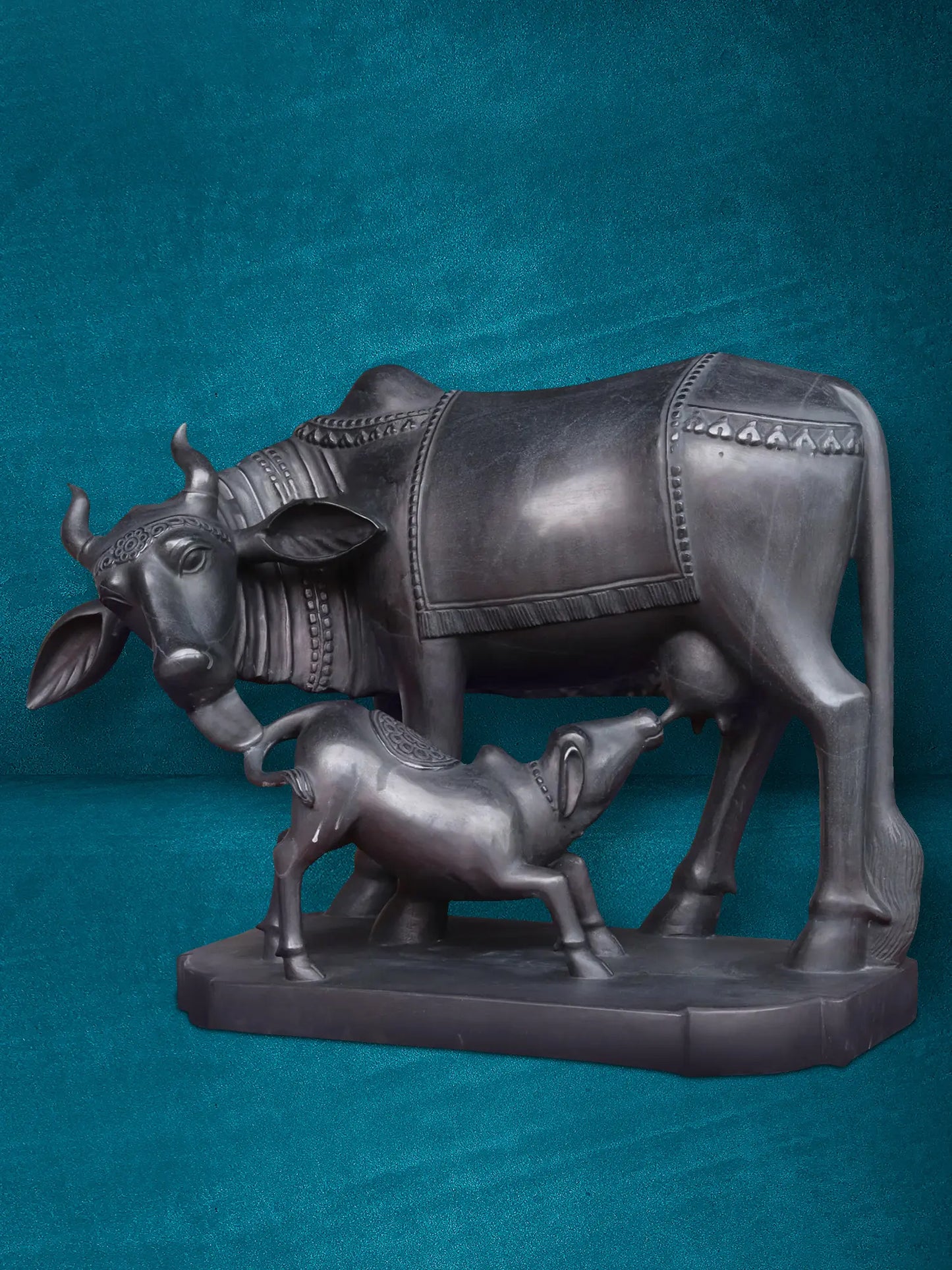 36" The Loving Mother With Calf - Kamdhenu Cow | Black Marble Statue