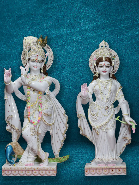 42" Radha Holding A Lotus and Standing Krishna | Super White Vietnam Marble Idol | Marble Statue for Temple