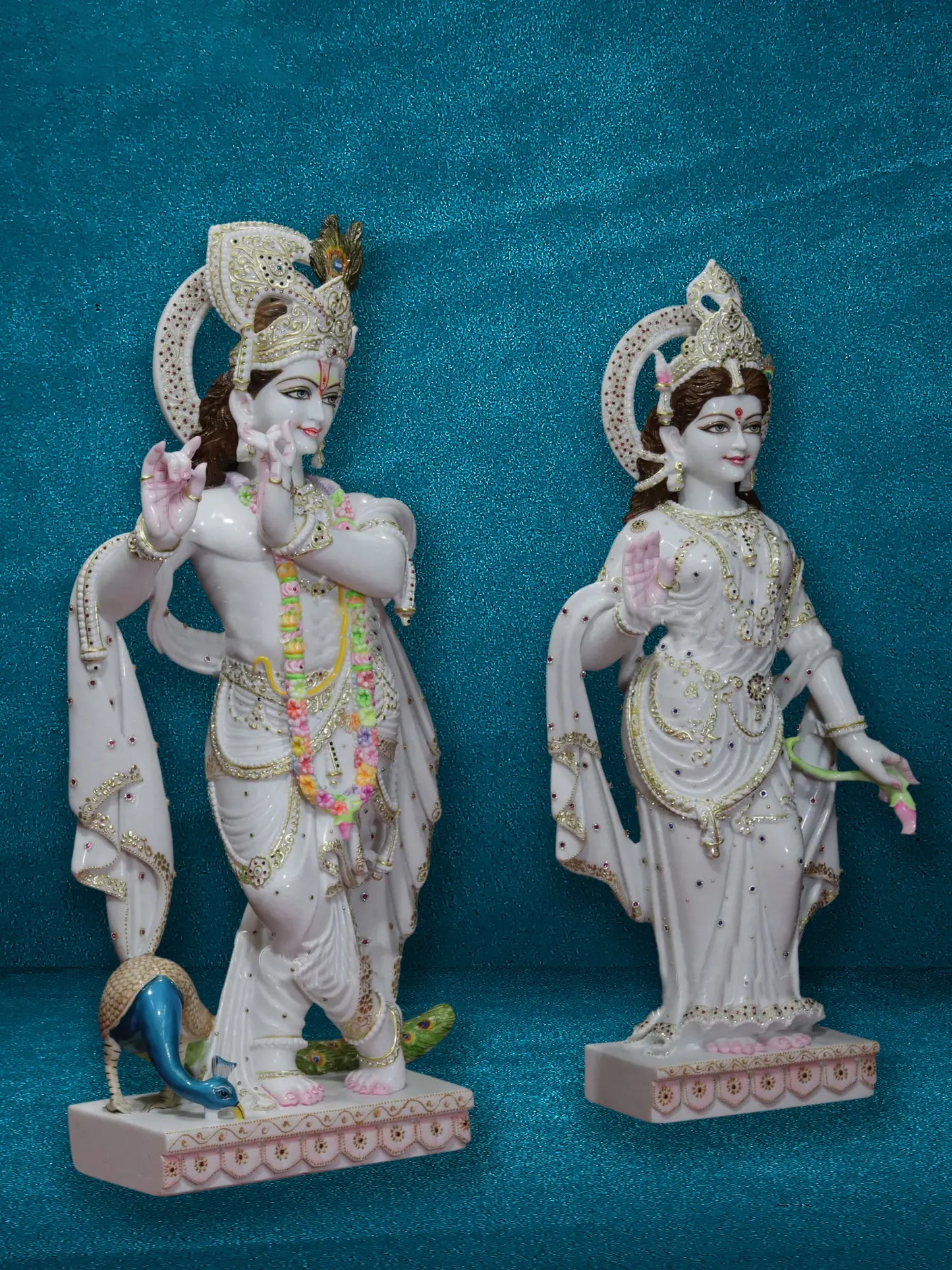 42" Radha Holding A Lotus and Standing Krishna | Super White Vietnam Marble Idol | Marble Statue for Temple