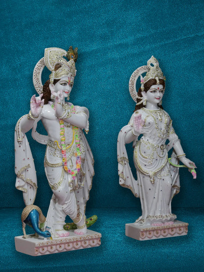 42" Radha Holding A Lotus and Standing Krishna | Super White Vietnam Marble Idol | Marble Statue for Temple