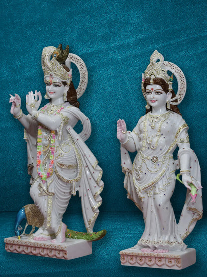 42" Radha Holding A Lotus and Standing Krishna | Super White Vietnam Marble Idol | Marble Statue for Temple