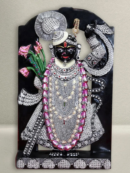 30" Shrinathji With Attractive Dress and Intricate Carving | Black Marble Figurine for Temple