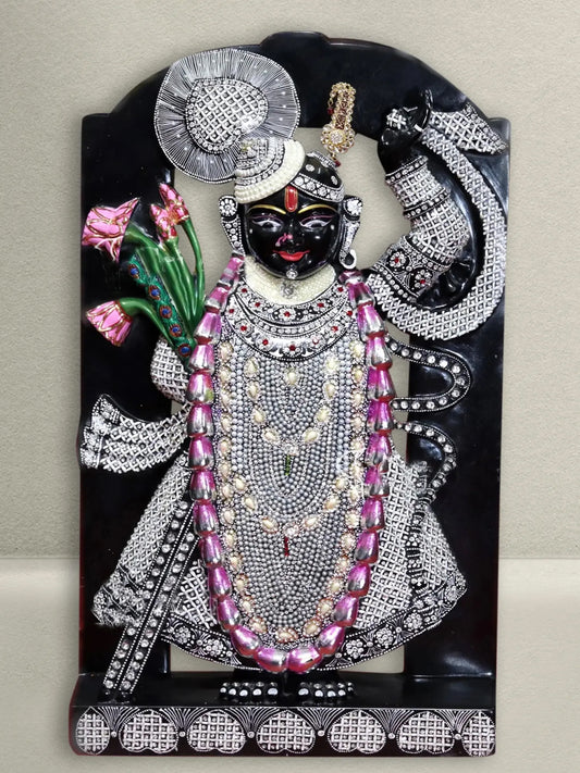 30" Shrinathji With Attractive Dress and Intricate Carving | Black Marble Figurine for Temple