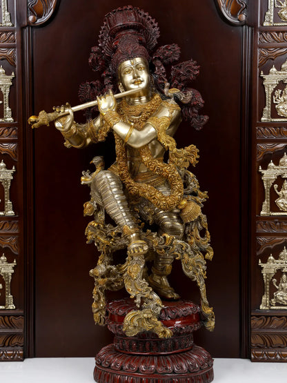 74" Large Designer Temple of Ashtalakshmi with Superfine Fluting Krishna Statue - Full Set | Wood, Brass and Marble Statue and Temple for Home