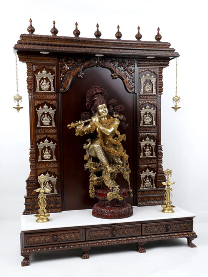 74" Large Designer Temple of Ashtalakshmi with Superfine Fluting Krishna Statue - Full Set | Wood, Brass and Marble Statue and Temple for Home