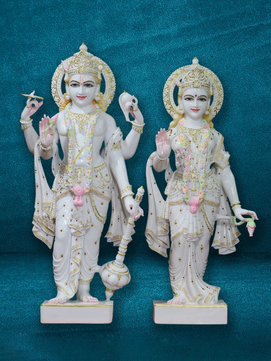 39" Divine Lord Vishnu And Goddess Lakshmi Statue | White Makrana Marble Idol | Sculpture for Temple