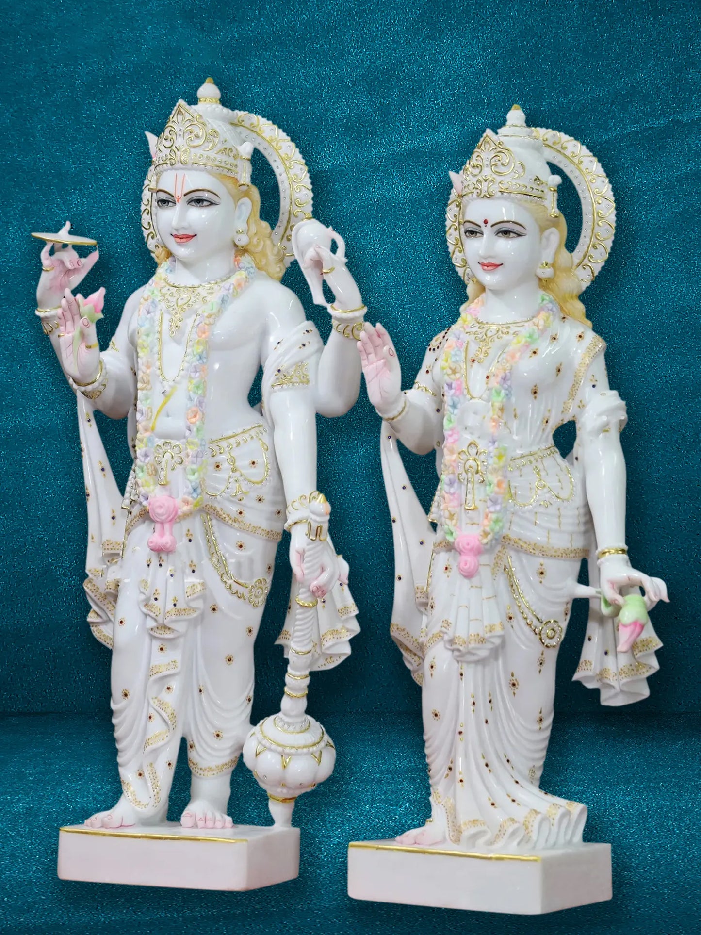 39" Divine Lord Vishnu And Goddess Lakshmi Statue | White Makrana Marble Idol | Sculpture for Temple