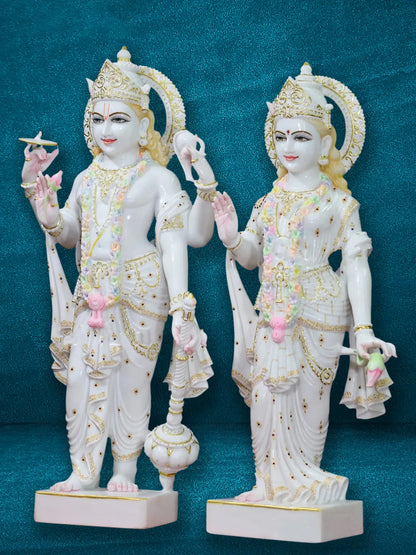 39" Divine Lord Vishnu And Goddess Lakshmi Statue | White Makrana Marble Idol | Sculpture for Temple