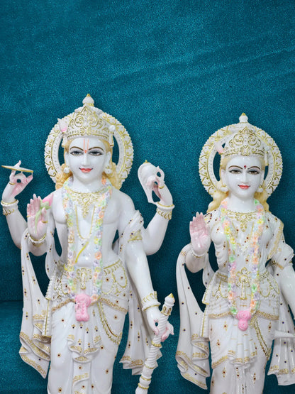 39" Divine Lord Vishnu And Goddess Lakshmi Statue | White Makrana Marble Idol | Sculpture for Temple