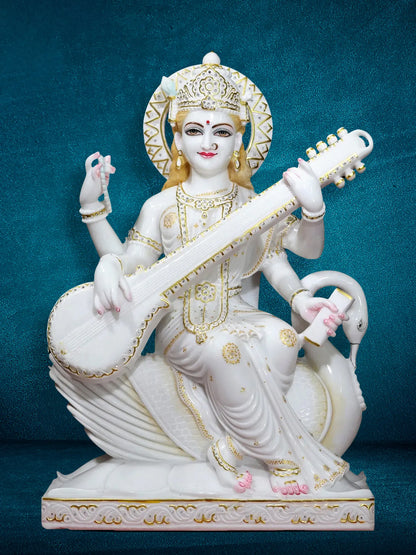 30" Goddess Saraswati Idol Seated On Swan with Four Arms | Super White Vietnam Marble Statue for Temple