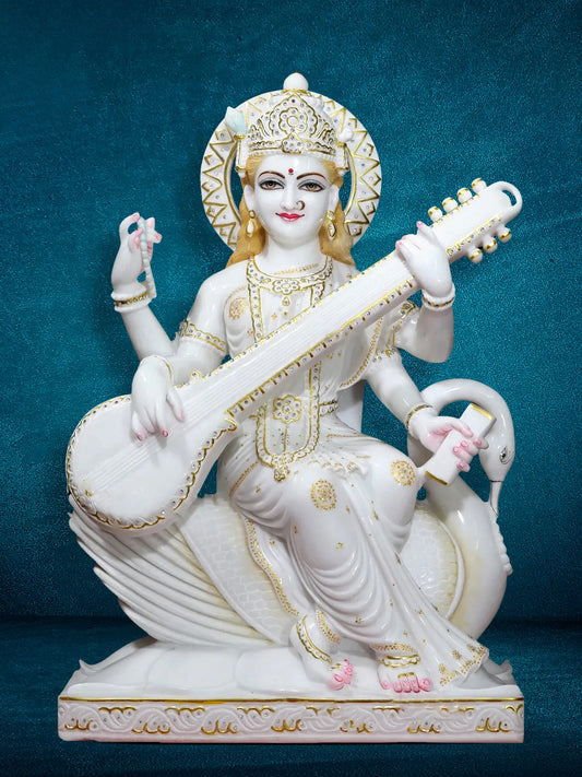 30" Goddess Saraswati Idol Seated On Swan with Four Arms | Super White Vietnam Marble Statue for Temple