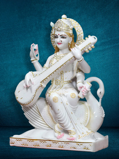 30" Goddess Saraswati Idol Seated On Swan with Four Arms | Super White Vietnam Marble Statue for Temple