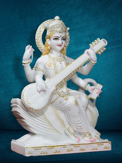 30" Goddess Saraswati Idol Seated On Swan with Four Arms | Super White Vietnam Marble Statue for Temple