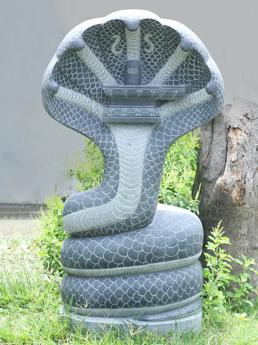 58" Large Statue of Sheshnag with Shiva Linga | Black Granite Stone Sculpture for Temple