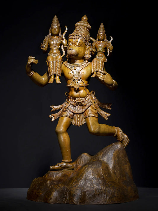 24" Lord Hanuman Carrying Shri Ram and Lakshman on his Shoulders | Panchaloha Bronze Statue