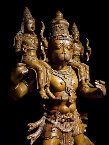 24" Lord Hanuman Carrying Shri Ram and Lakshman on his Shoulders | Panchaloha Bronze Statue