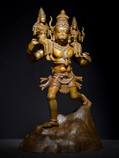 24" Lord Hanuman Carrying Shri Ram and Lakshman on his Shoulders | Panchaloha Bronze Statue