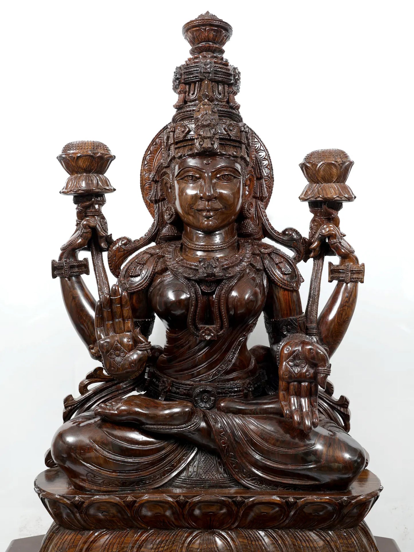 81" Goddess Lakshmi Seated on Lotus Pedestal | Hand Carved Wood Sculpture | Wood Idol for Temple
