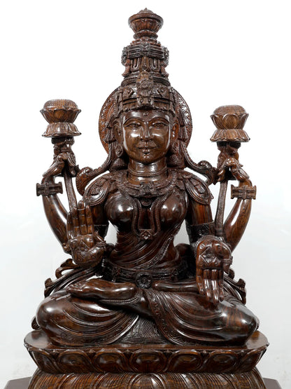 81" Goddess Lakshmi Seated on Lotus Pedestal | Hand Carved Wood Sculpture | Wood Idol for Temple