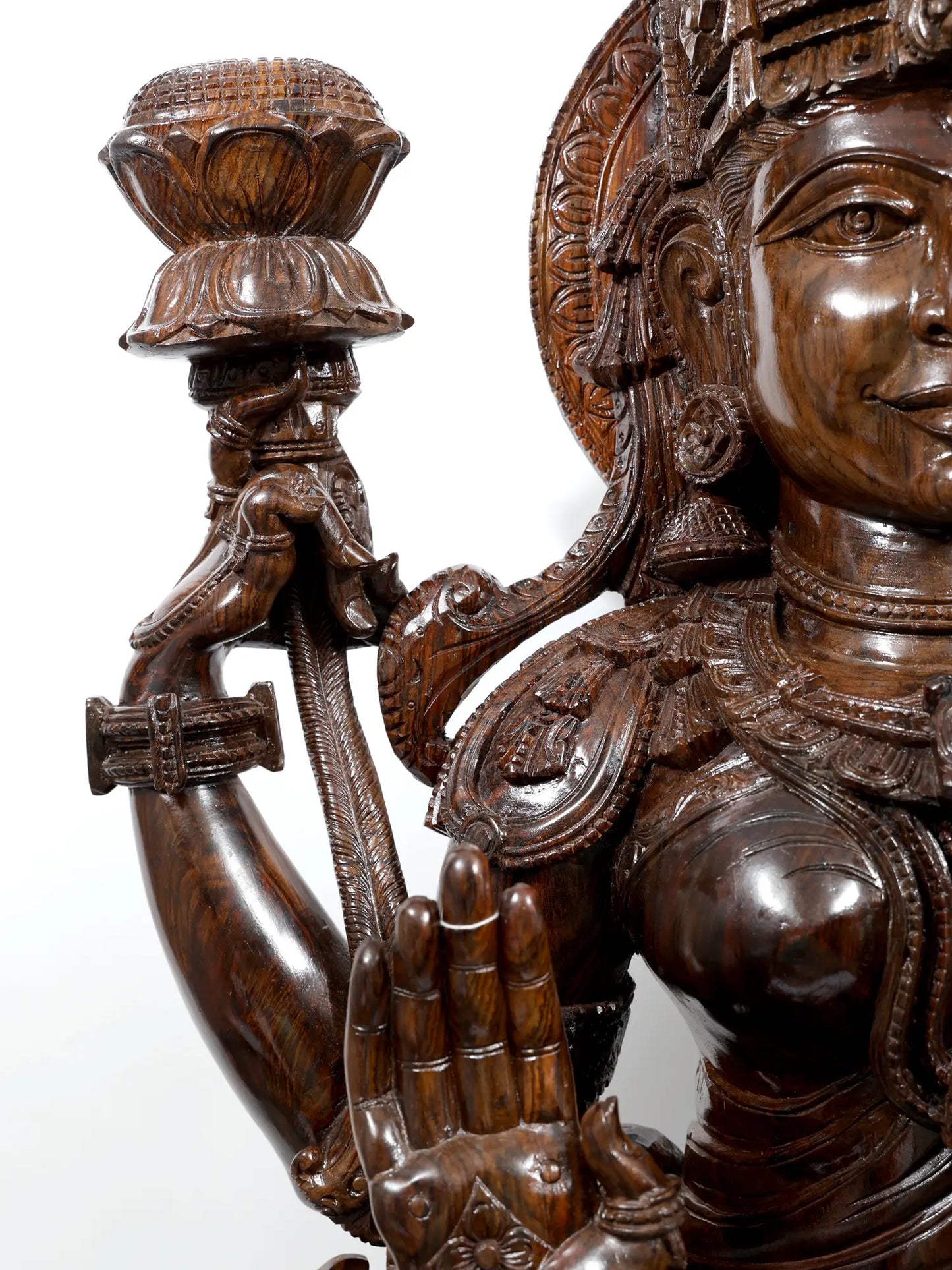 81" Goddess Lakshmi Seated on Lotus Pedestal | Hand Carved Wood Sculpture | Wood Idol for Temple